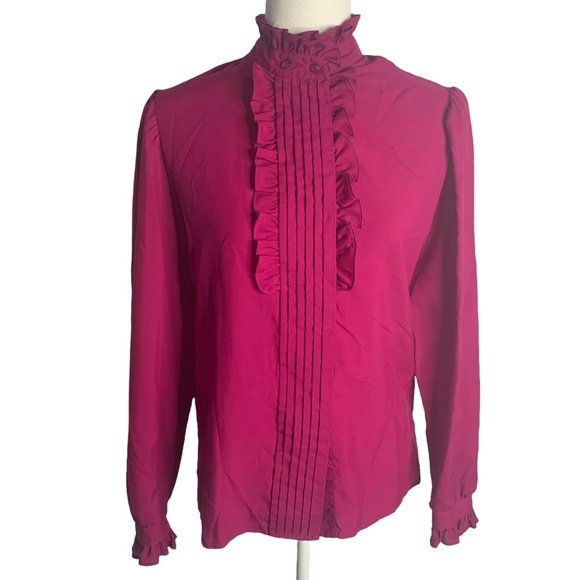 Vintage 80s Donnkenny Secretary Blouse M Purple Pleated Button Down Ruffles - Picture 1 of 6